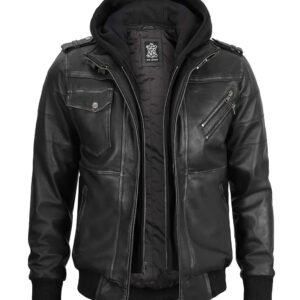 Men's Dark Grey Leather Bomber Jacket with Removable Hood, Stylish Casual Outerwear