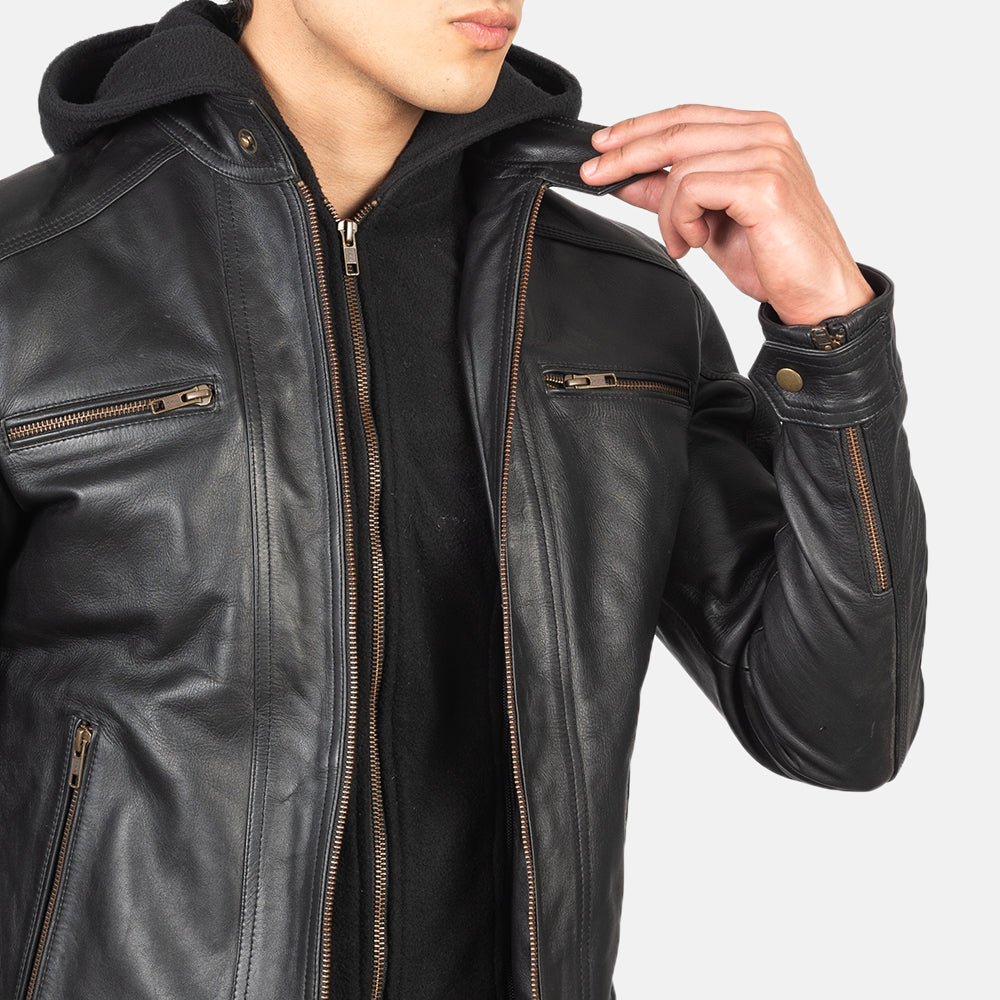 Bravado Black Hooded Leather Bomber Jacket for Men, Classic Zip-Up Moto Jacket, Casual Hooded Outerwear, Modern Streetwear - Image 2