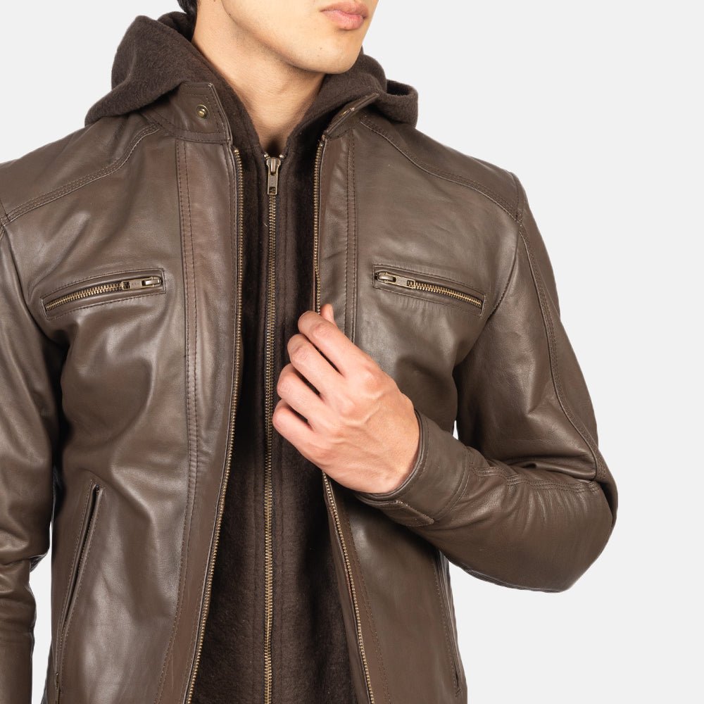 Men's Hector Brown Hooded Leather Biker Jacket, Stylish Moto Outerwear - Image 6