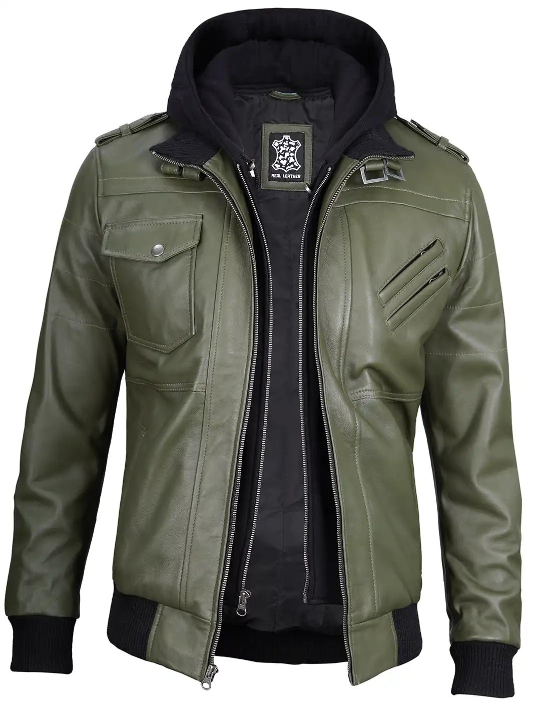 Men's Military Green Leather Jacket with Removable Hood, Stylish Casual Biker Jacket - Image 4