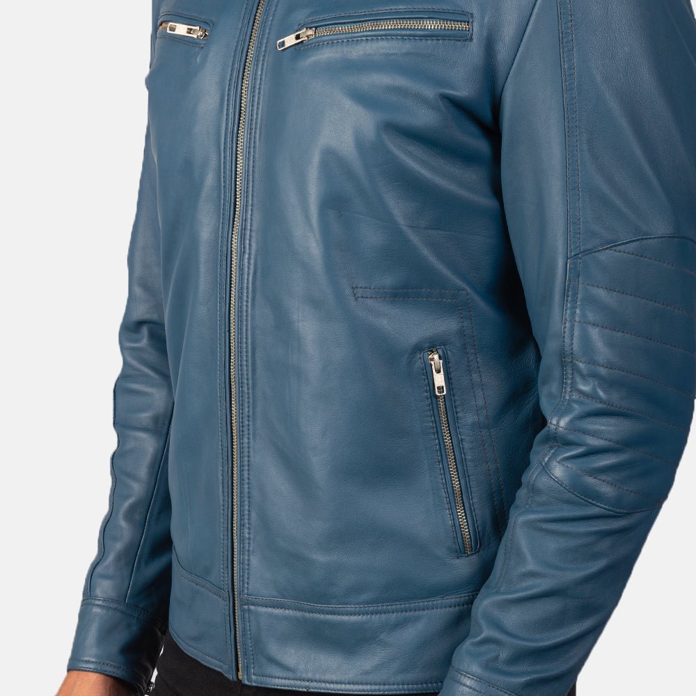 Men's Mack Blue Leather Biker Jacket, Classic Motorcycle Moto Style - Image 5
