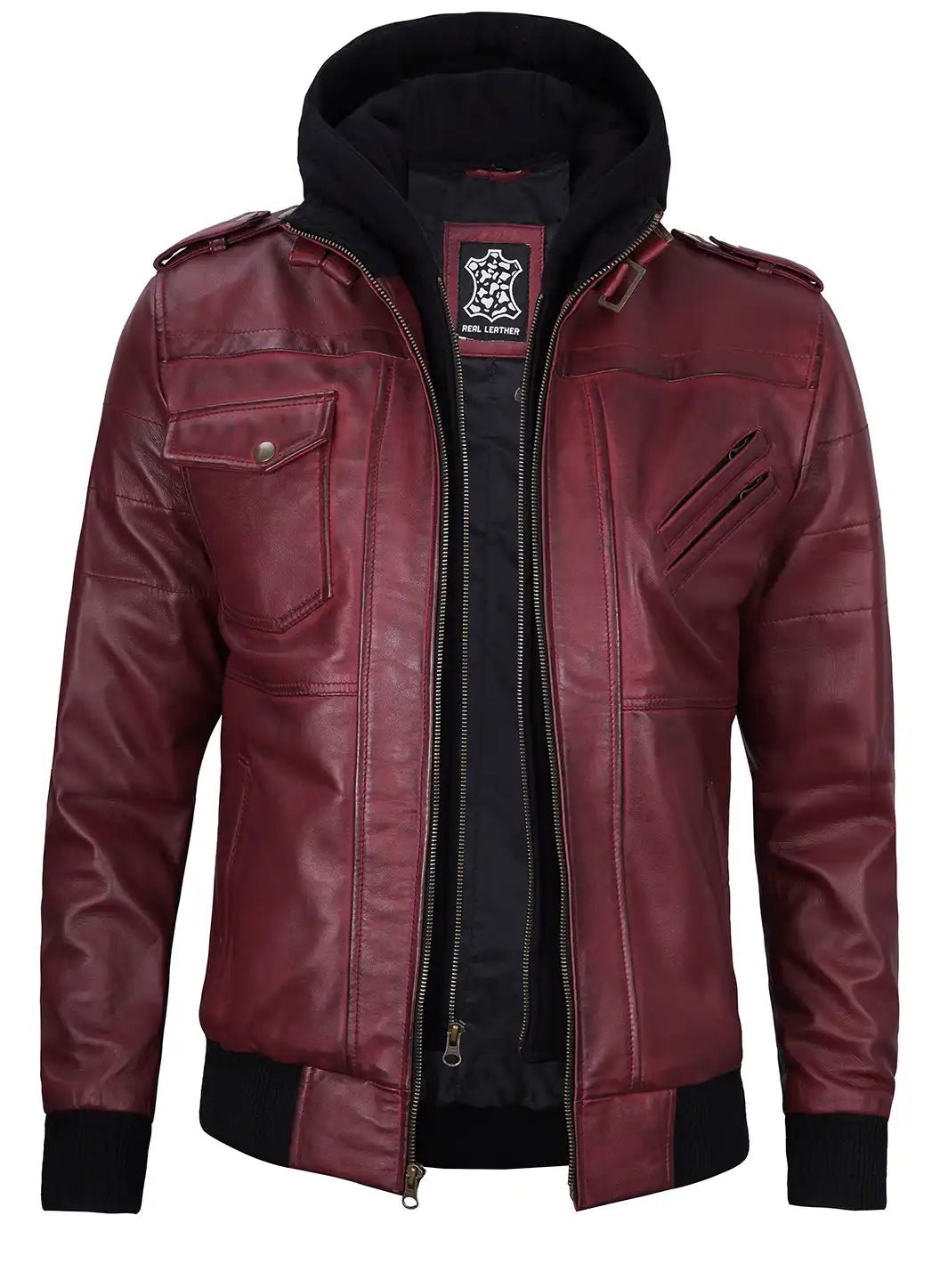 Men's Burgundy Lambskin Bomber Jacket with Removable Hood - Image 6