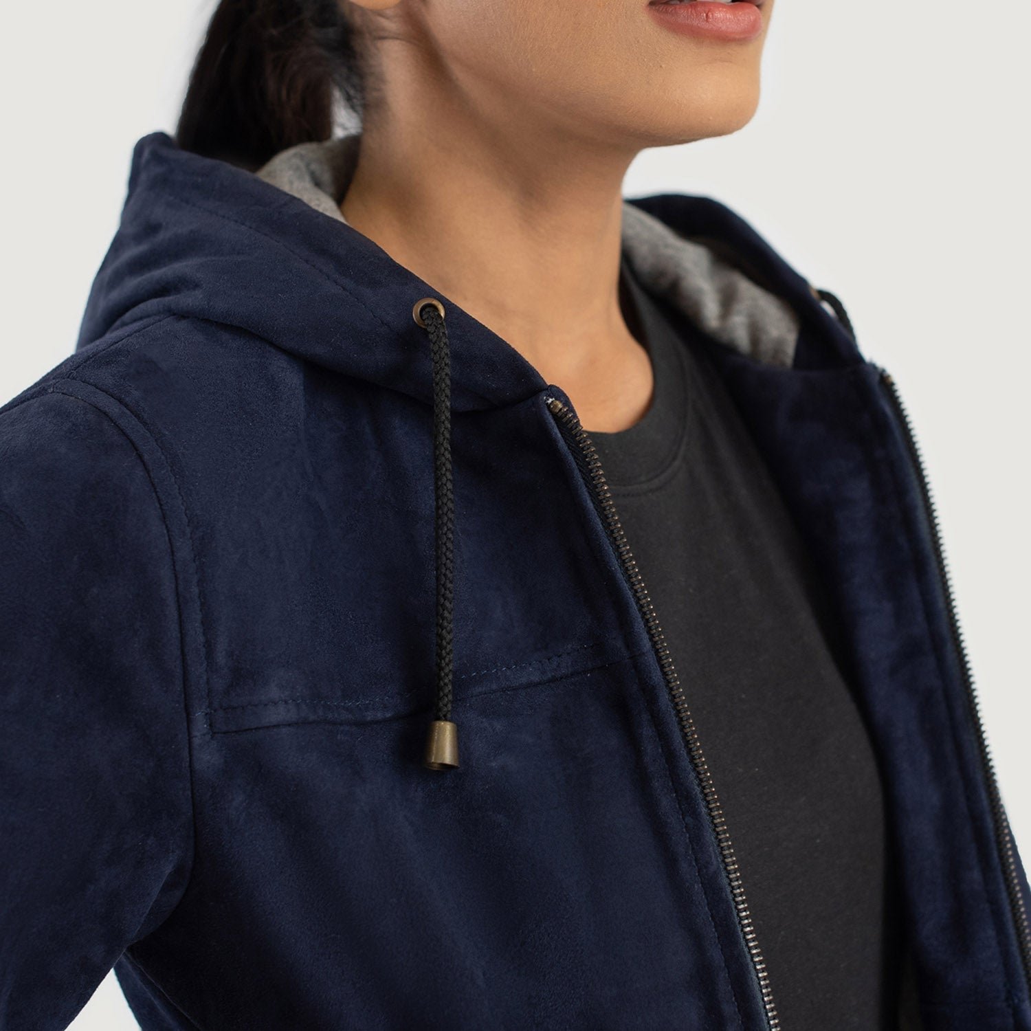 Rebella Blue Hooded Suede Bomber Jacket for Women, Stylish Zip-Up Bomber Coat, Casual Hooded Outerwear, Modern Streetwear Jacket - Image 6