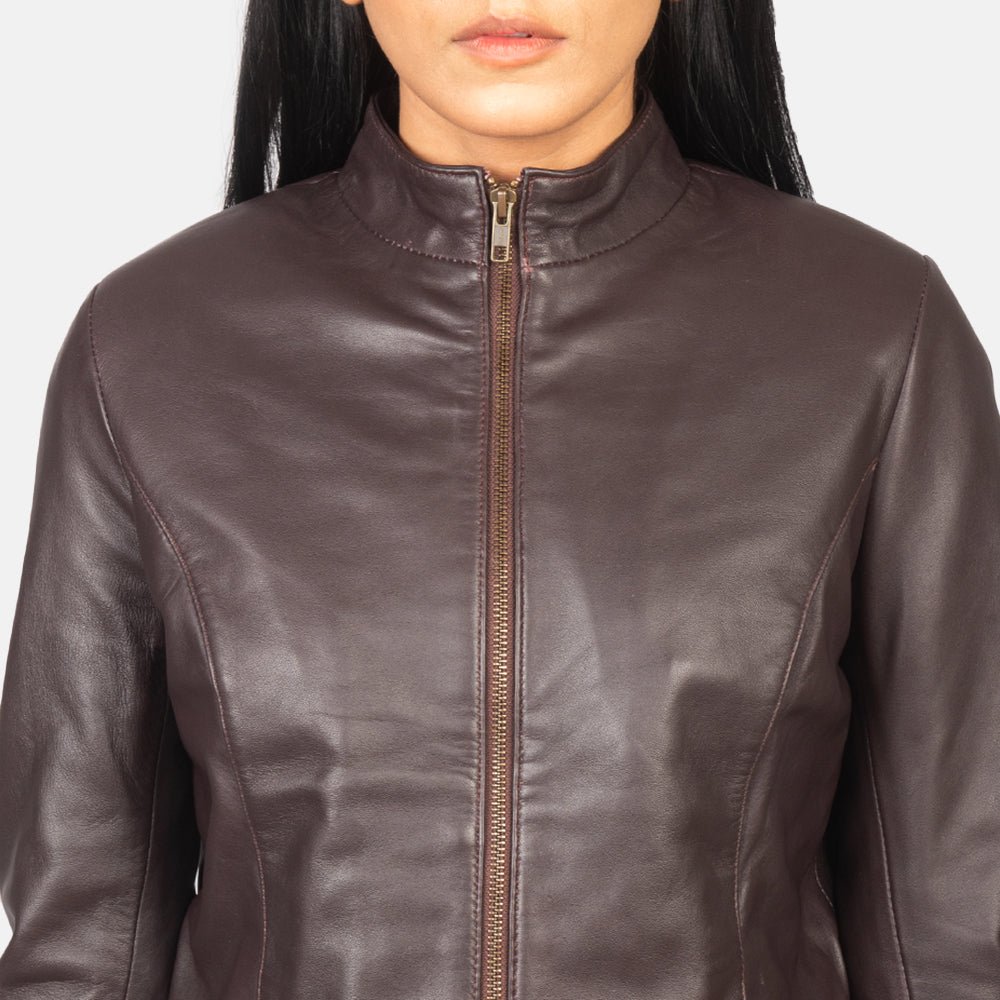 Rumella Maroon Leather Biker Jacket for Women, Stylish Moto Jacket, Classic Motorcycle Outerwear - Image 4