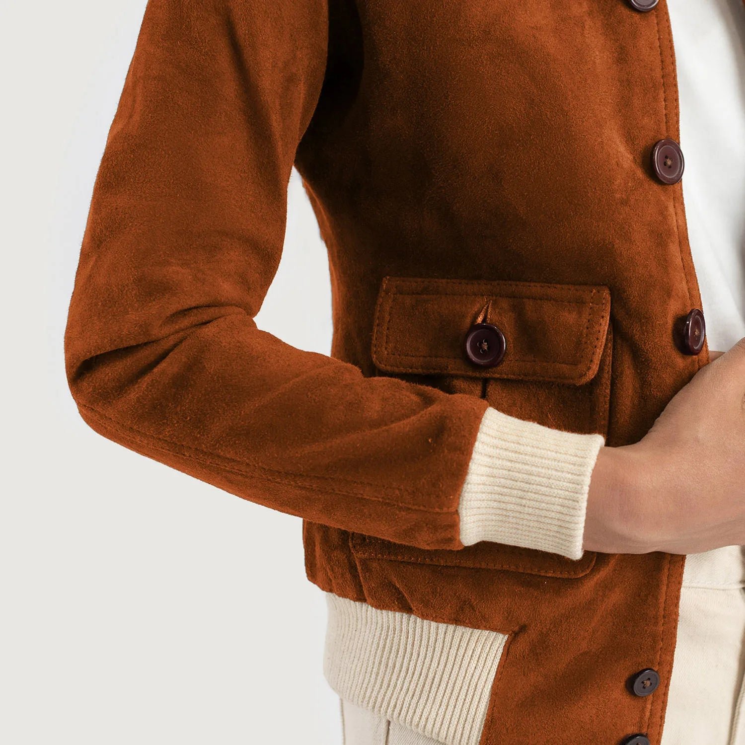 Sasha A1 Brown Suede Bomber Jacket for Women, Classic Aviator Flight Jacket, Stylish Zip-Up Suede Coat, Modern Casual Outerwear - Image 6