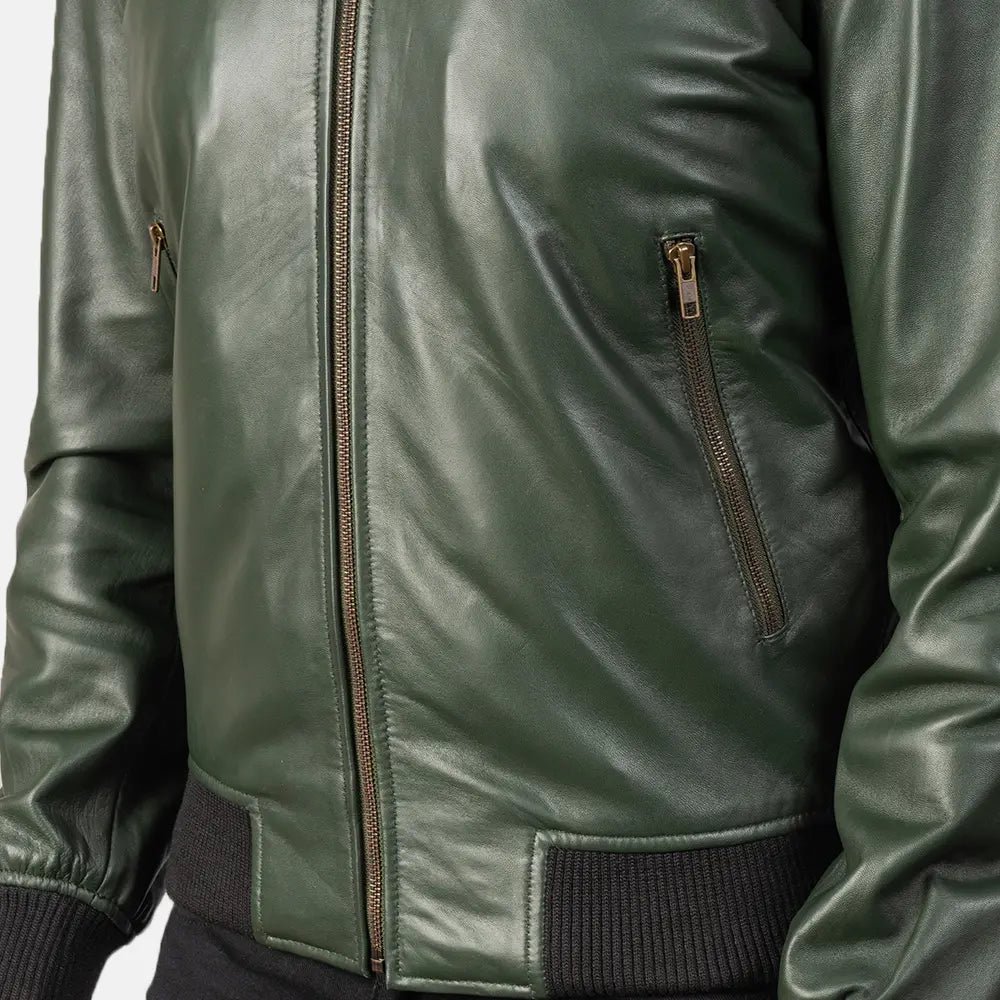 Men's Shane Green Leather Bomber Jacket, Stylish Classic Bomber Outerwear - Image 6