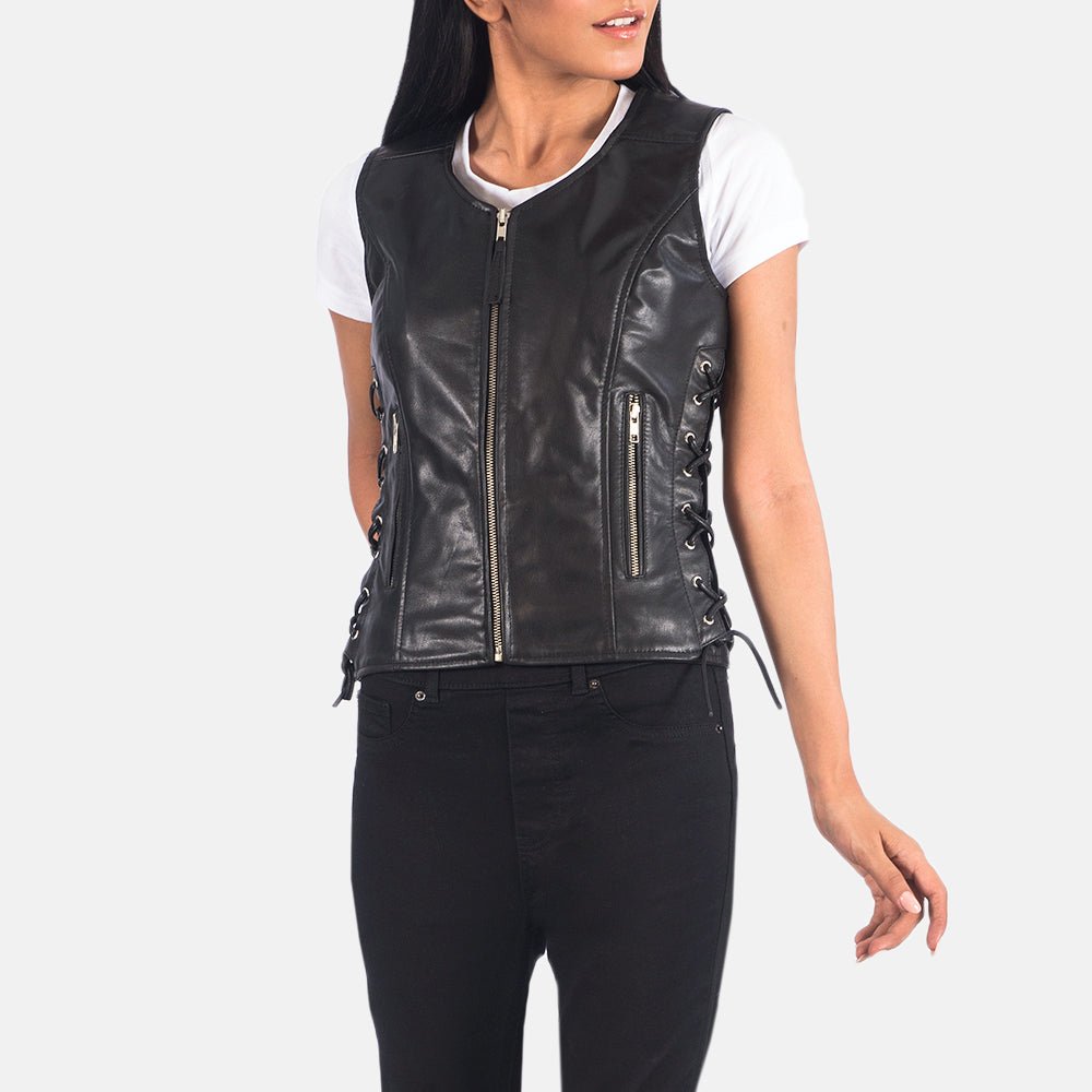 Vanda Black Leather Biker Vest, Classic Motorcycle Waistcoat, Sleeveless Moto Fashion - Image 6