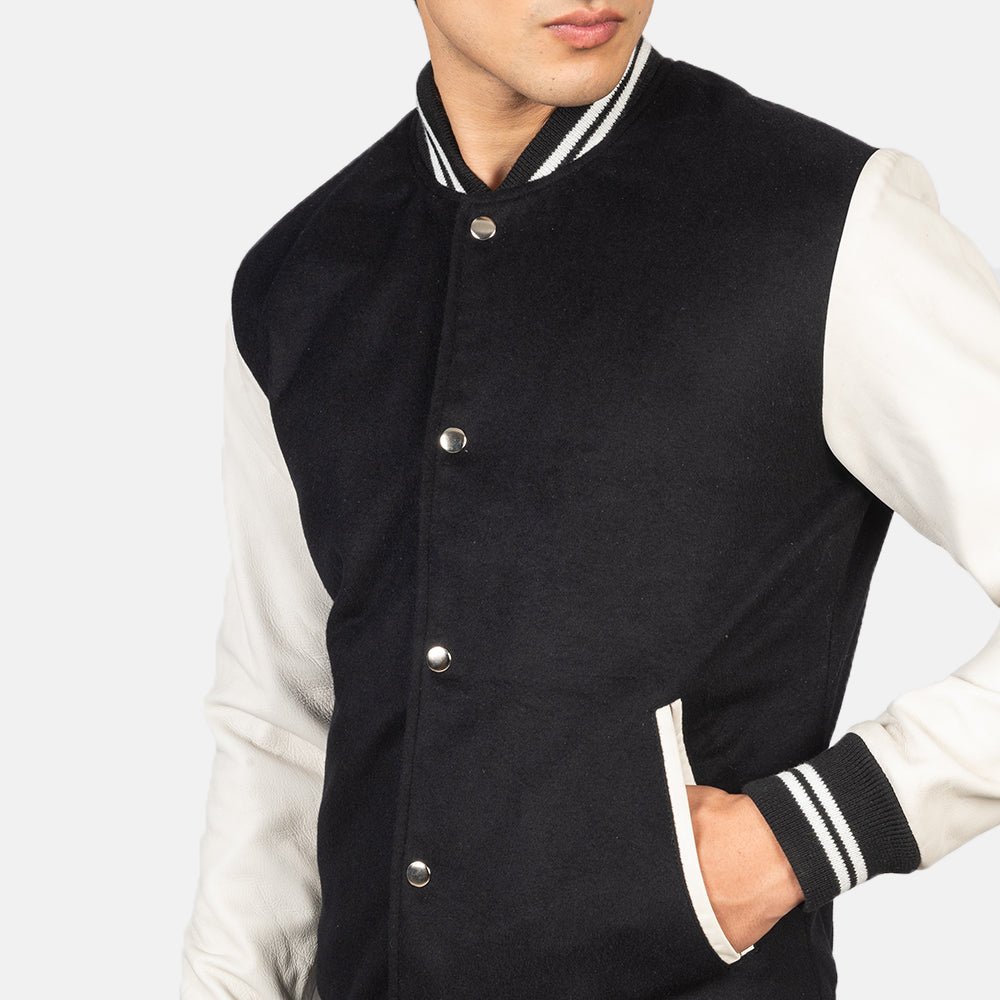 Vaxton Black & White Hybrid Varsity Jacket for Men, Classic Letterman Jacket, Two Tone Bomber Coat, Stylish Streetwear Outerwear - Image 3