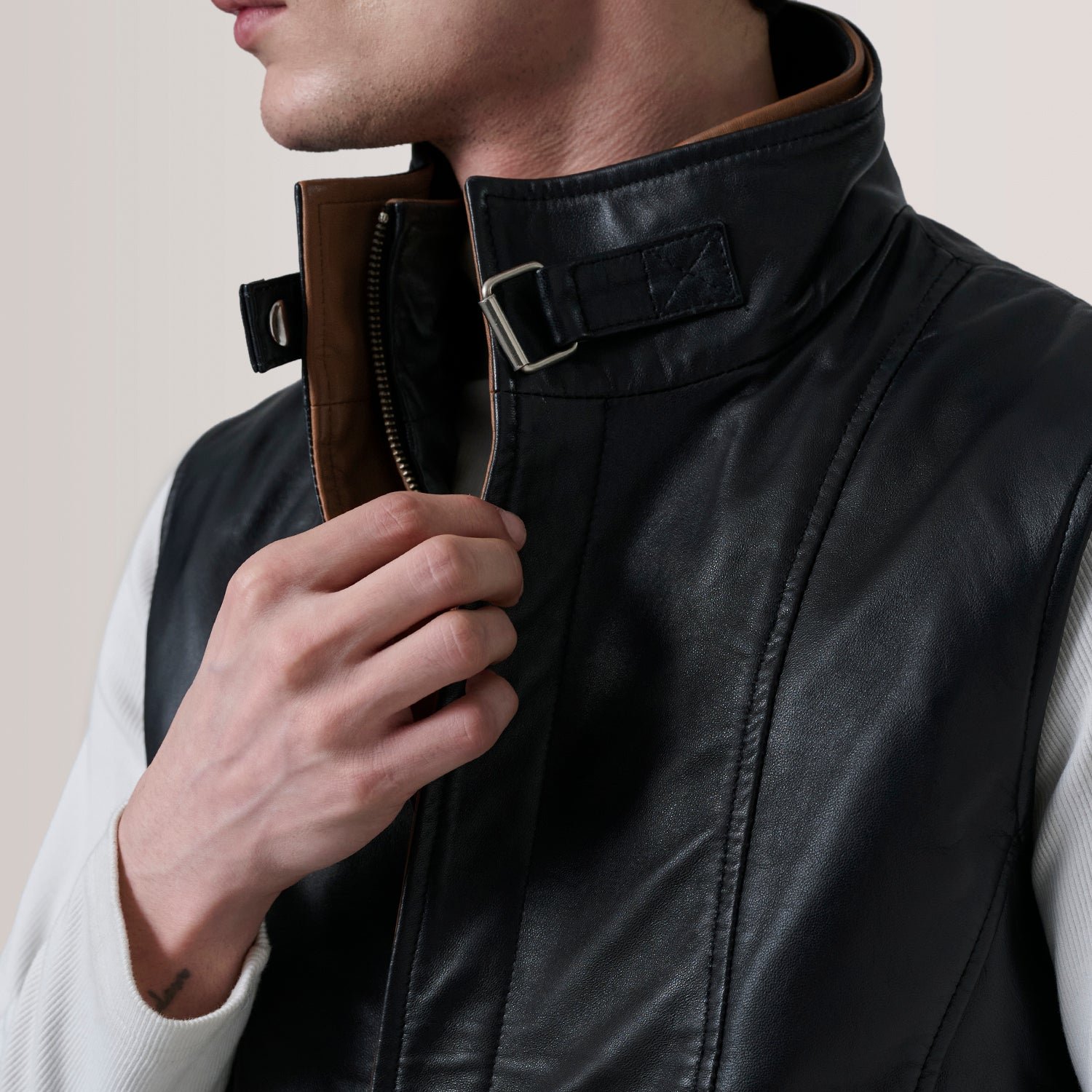 Zane Black Leather Vest for Men, Classic Motorcycle Biker Vest, Sleeveless Leather Waistcoat, Rugged Moto Rider Outerwear - Image 5