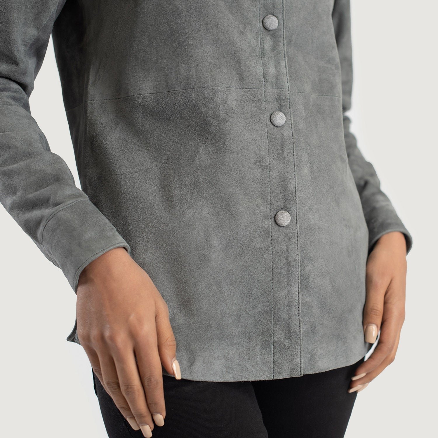 Women's Zenith Grey Suede Shirt Jacket, Stylish Button-Up Leather Overshirt, Modern Casual Shacket, Elegant Everyday Outerwear - Image 6