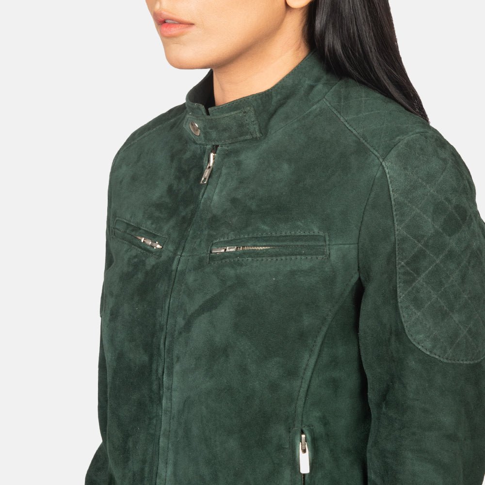 Zenna Green Suede Bomber Jacket for Women, Classic Casual Bomber Coat, Stylish Zip-Up Outerwear, Modern Everyday Streetwear - Image 5
