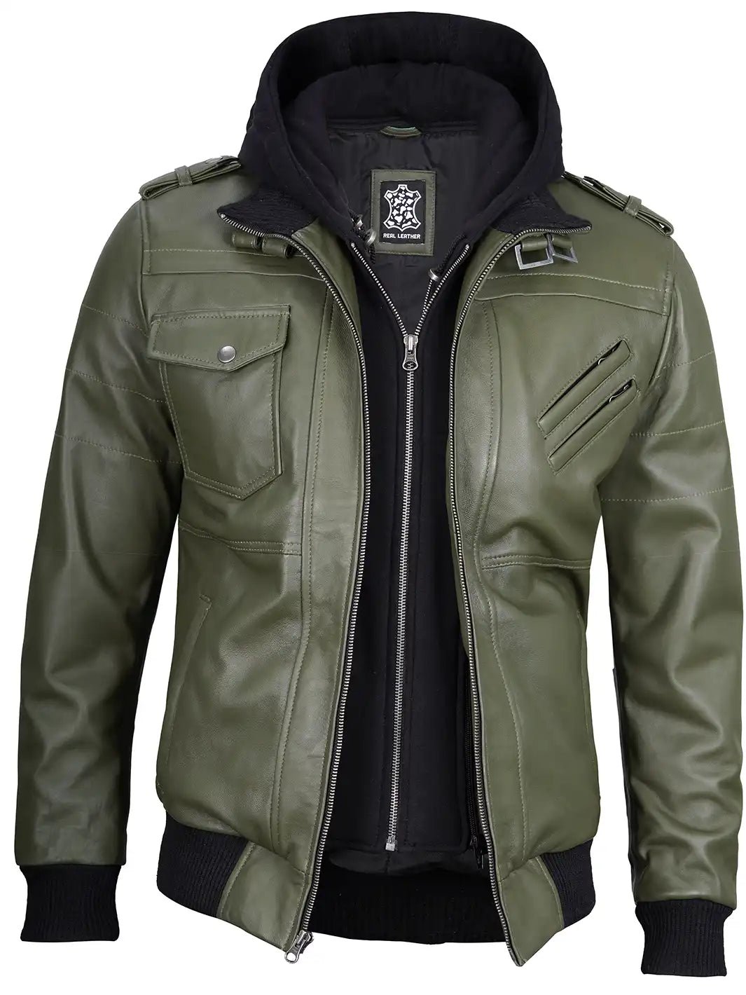 Men's Military Green Leather Jacket with Removable Hood, Stylish Casual Biker Jacket - Image 5