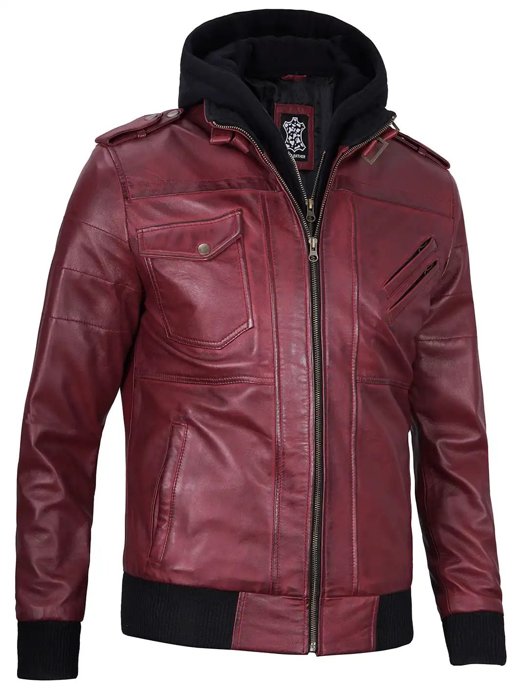 Men's Burgundy Lambskin Bomber Jacket with Removable Hood - Image 5