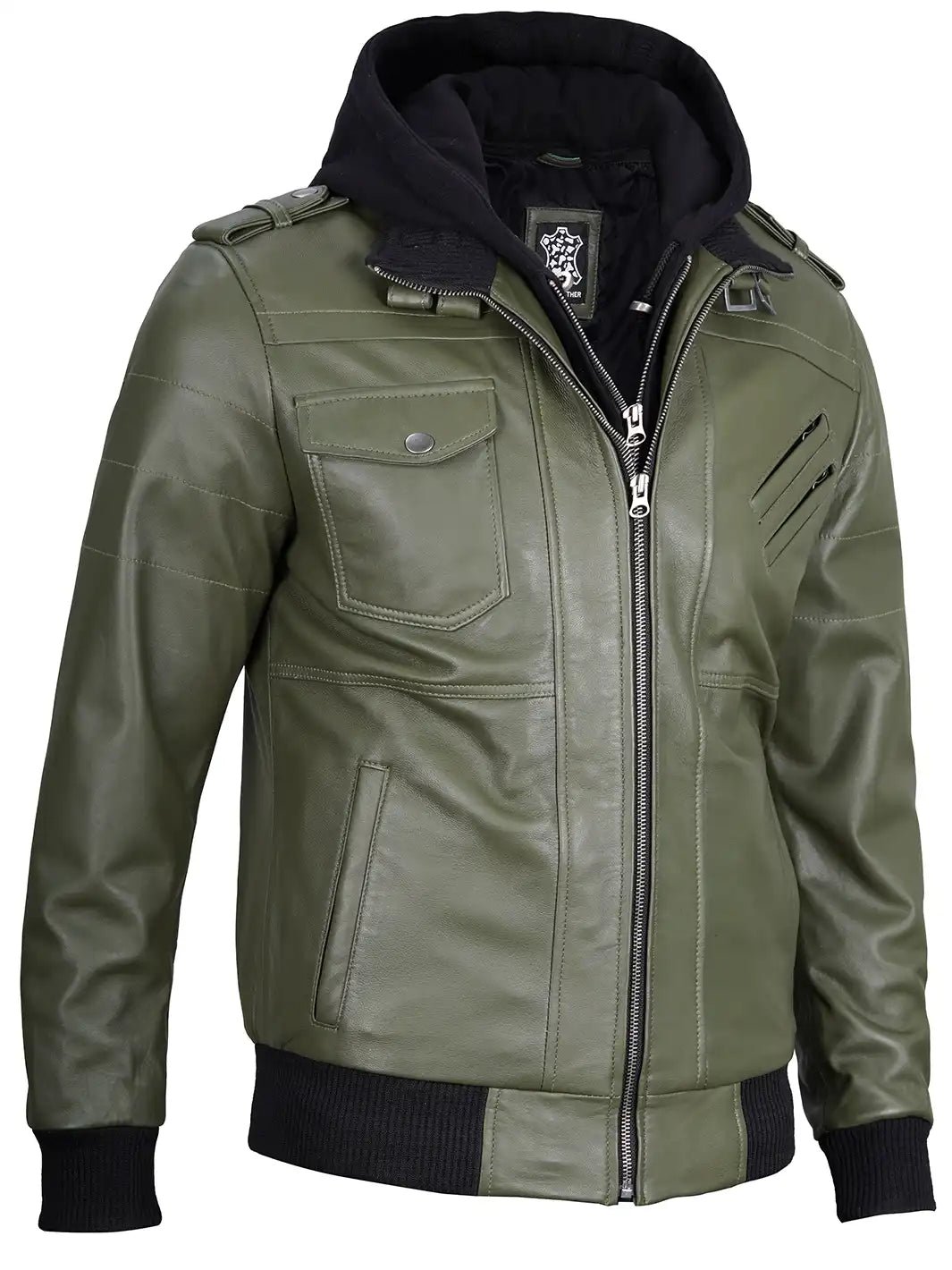 Men's Military Green Leather Jacket with Removable Hood, Stylish Casual Biker Jacket - Image 7