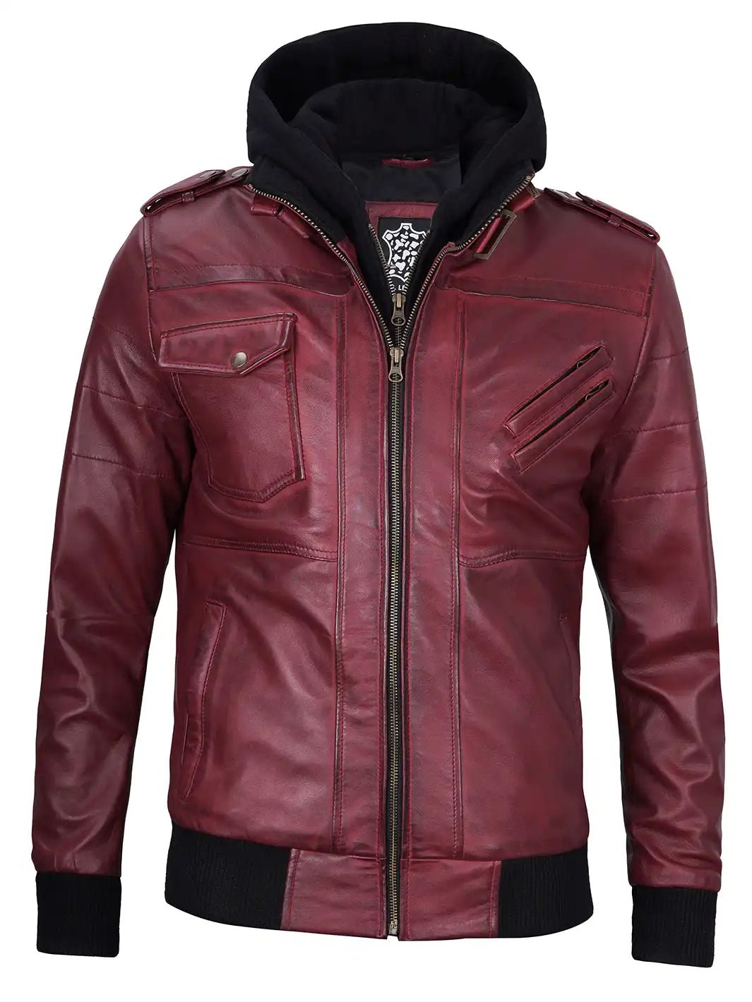 Men's Burgundy Lambskin Bomber Jacket with Removable Hood - Image 7