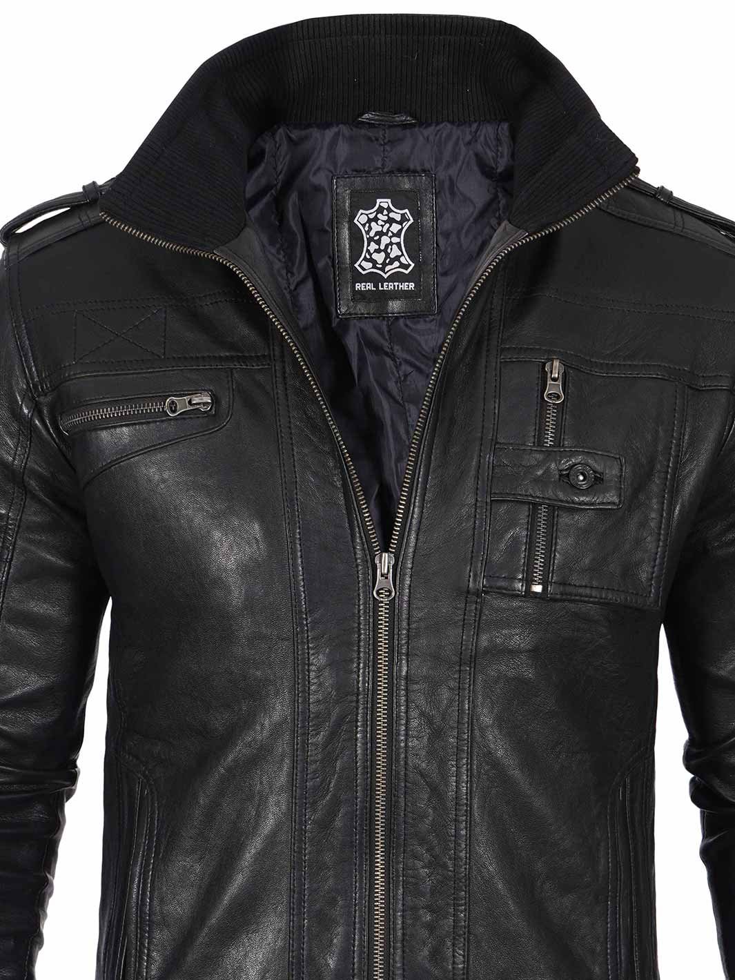 Men's Black Waxed Leather Jacket, Cafe Racer Motorcycle Jacket, Classic Biker Style Outerwear - Image 5